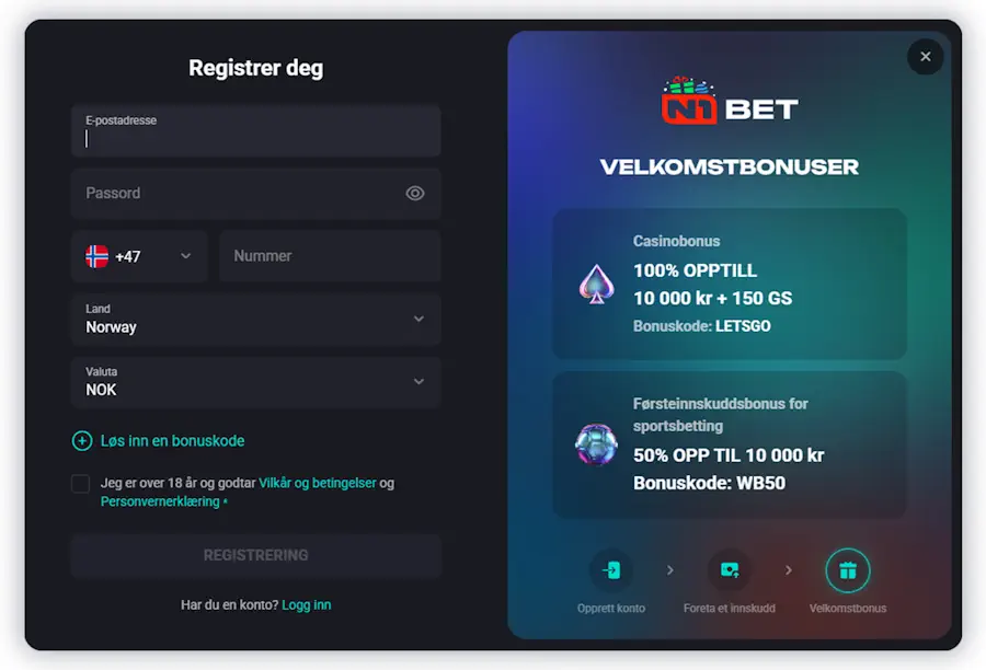 N1 Bet Casino Velkomstbonus Screenshot